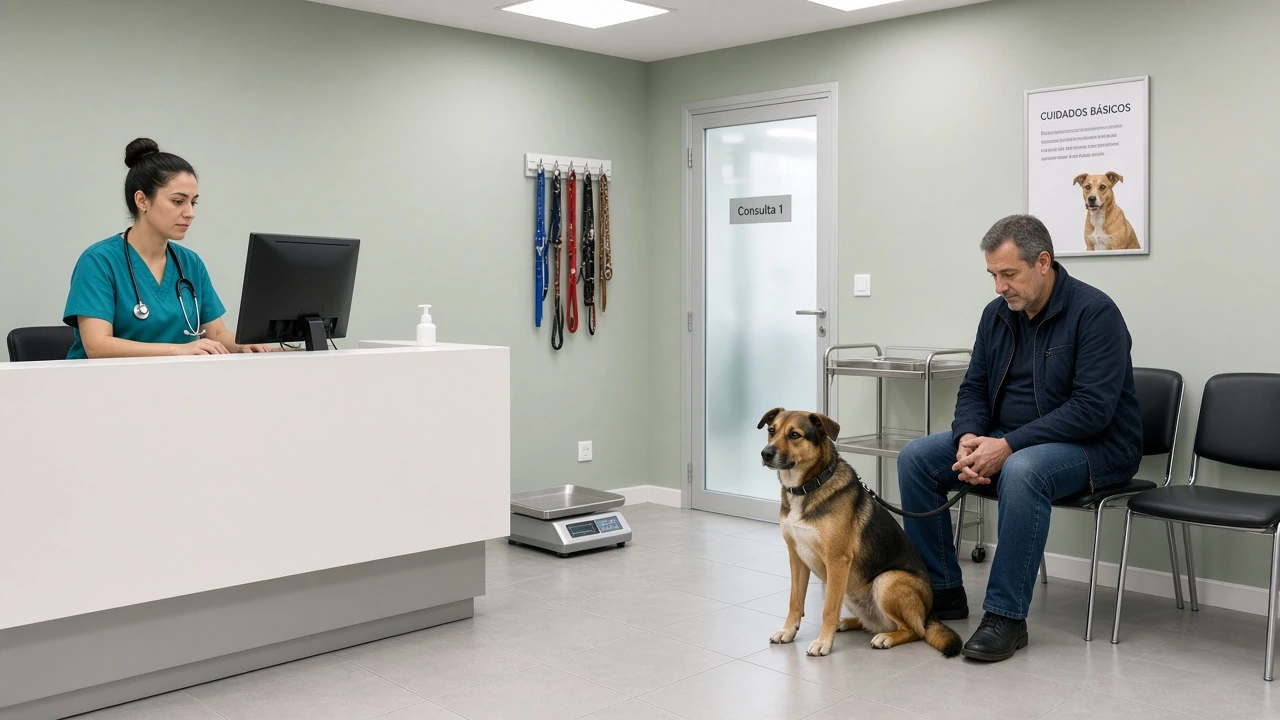Recepción de una clínica veterinaria con un cliente y su perro